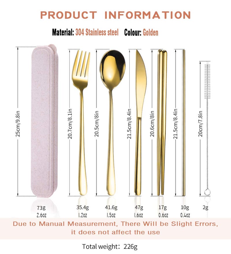 AARAINBOW 6 Pieces 18/8 Stainless Steel Flatware Set Portable Reusable Cutlery Set Travel Utensils Set Including Chopsticks Knife Fork Spoon Straws Cleaning Brush Dishwasher Safe (Golden) - Image 3